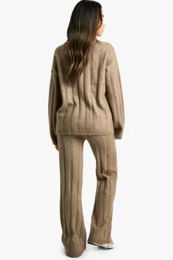 Knitted Co-Ords|Knitwear*boohoo Soft Wide Rib Exposed Seam Jumper And Wide Leg Co-ord mocha