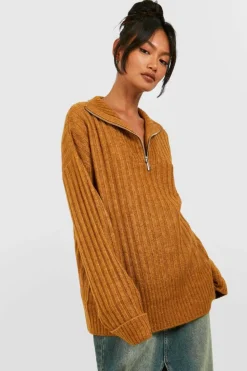 Oversized Jumpers|Jumpers*boohoo Soft Wide Rib Knit Half Zip Funnel Neck Jumper biscuit