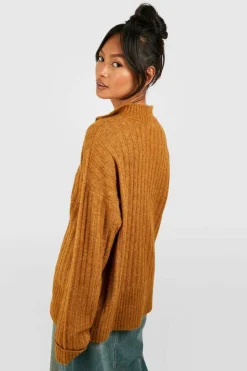 Oversized Jumpers|Jumpers*boohoo Soft Wide Rib Knit Half Zip Funnel Neck Jumper biscuit