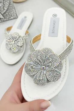 Sandals*Love Lemonade Sparkly Flower Flip Flops White
