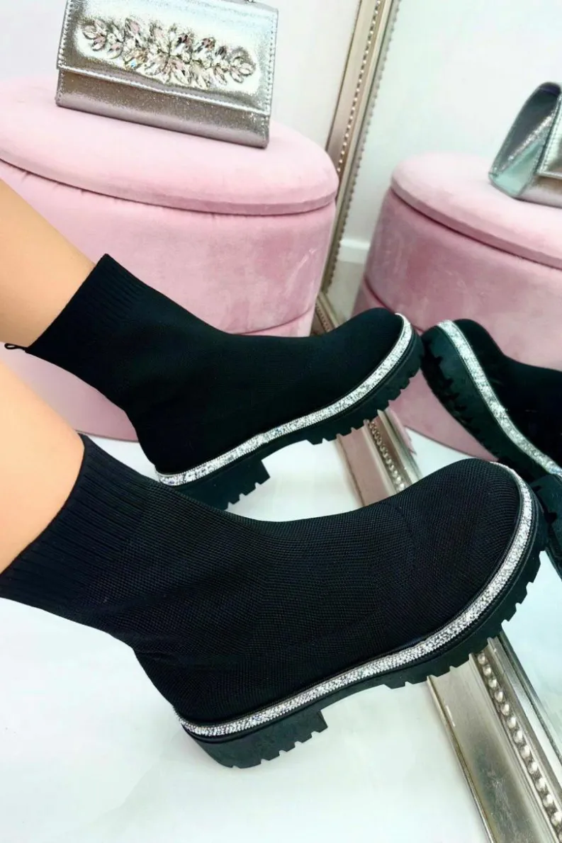 Chunky Boots*Love Lemonade Sparkly Stretch Chunky Sock Boots Black