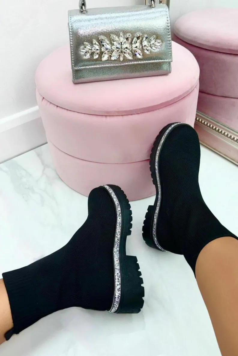 Chunky Boots*Love Lemonade Sparkly Stretch Chunky Sock Boots Black