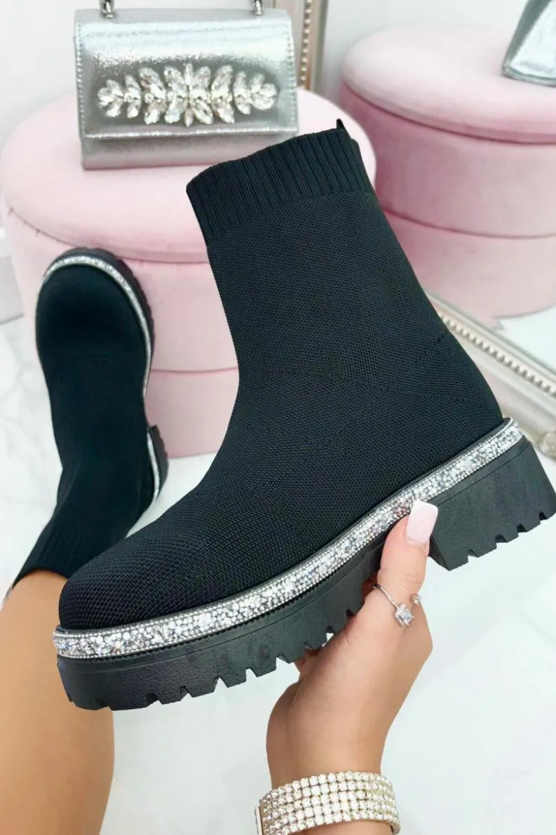 Chunky Boots*Love Lemonade Sparkly Stretch Chunky Sock Boots Black