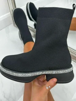 Chunky Boots*Love Lemonade Sparkly Stretch Chunky Sock Wedge Boot Black