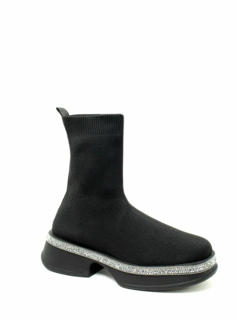 Chunky Boots*Love Lemonade Sparkly Stretch Chunky Sock Wedge Boot Black