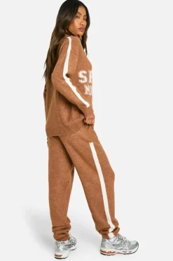 Knitted Co-Ords|Tracksuits*boohoo Sport Nouveau Knitted Zip Neck Oversized Jumper And Cuffed Jogger Set camel