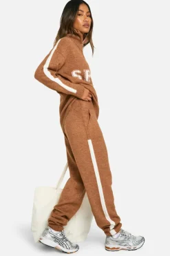 Knitted Co-Ords|Tracksuits*boohoo Sport Nouveau Knitted Zip Neck Oversized Jumper And Cuffed Jogger Set camel