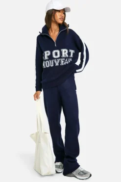 Knitted Co-Ords|Tracksuits*boohoo Sport Nouveau Knitted Zip Neck Oversized Jumper And Cuffed Jogger Set navy