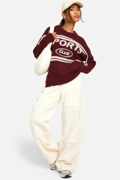 Oversized Jumpers*boohoo Sports Club Oversized Crew Neck Knitted Jumper burgundy