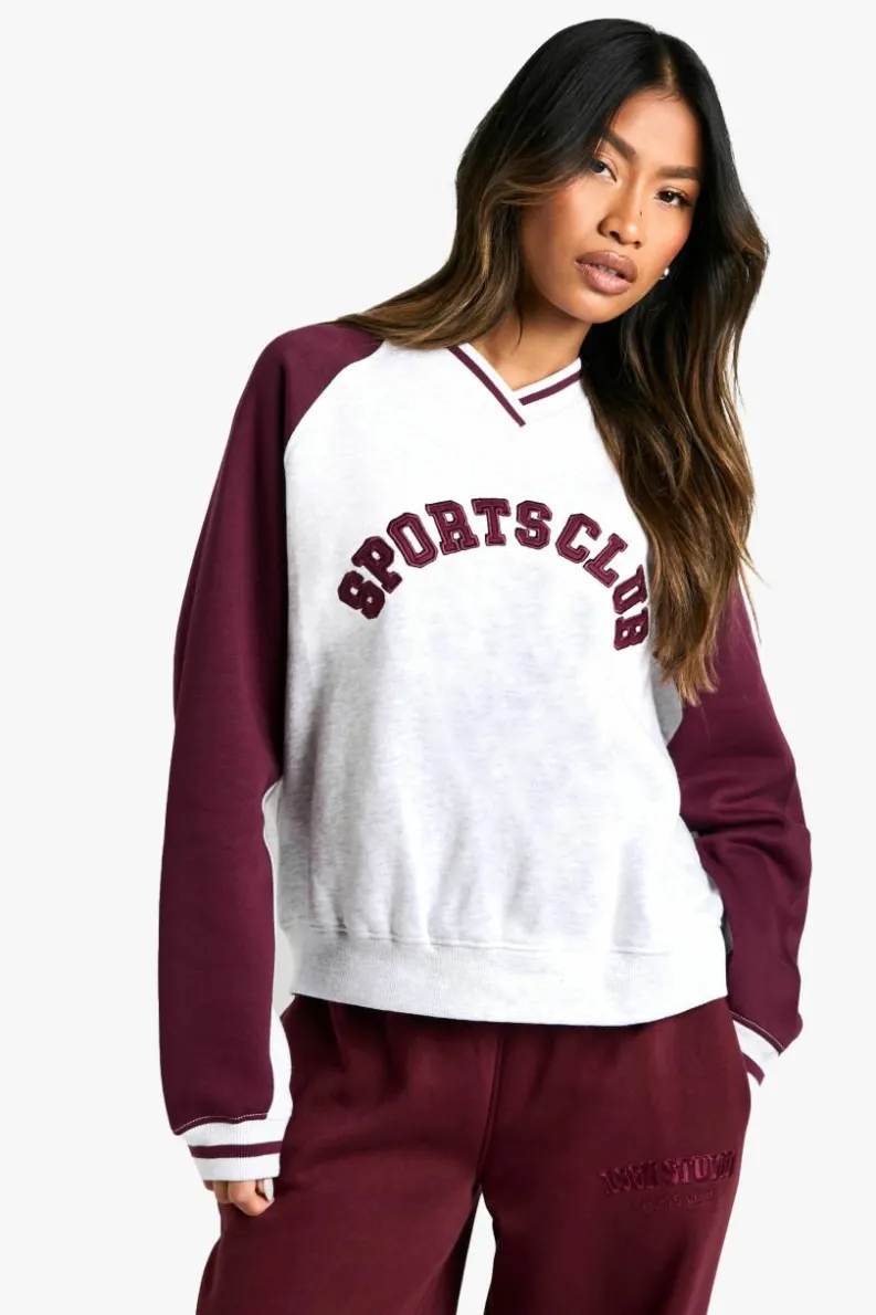 Sweatshirts|Hoodies & Sweatshirts*boohoo Sports Club Slogan Raglan V Neck Sweatshirt ash grey