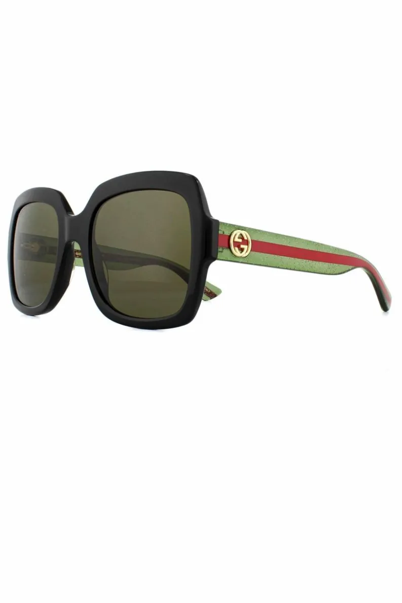 Sunglasses*Gucci Square Green Glitter and Red Green Sunglasses GG0036SN Black