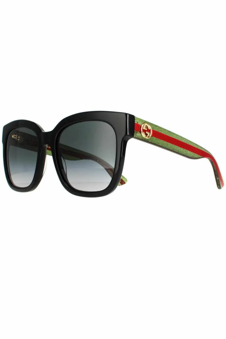 Sunglasses*Gucci Square With Green and Red Glitter Grey Gradient GG0034SN Sunglasses Black