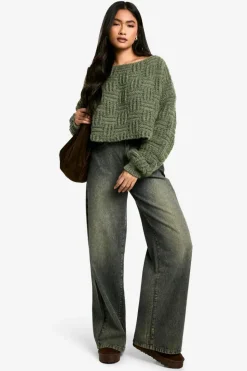 Oversized Jumpers|Jumpers*boohoo Square Knit Detail Oversized Crop Jumper khaki