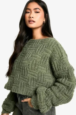 Oversized Jumpers|Jumpers*boohoo Square Knit Detail Oversized Crop Jumper khaki