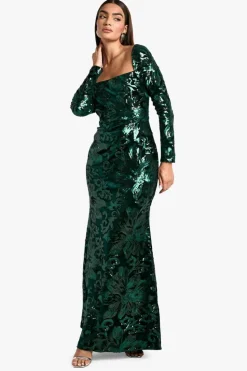 Maxi Dresses|Long Sleeve Dresses*boohoo Square Neck Demask Sequin Maxi Dress emerald