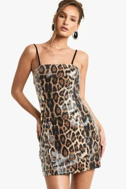 Bodycon Dresses*boohoo Square Neck Lace Back Leopard Sequin Mini Dress brown