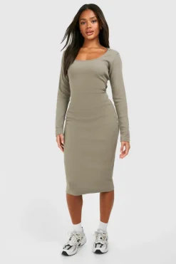 Midi Dresses*boohoo Square Neck Long Sleeve Midi Dress khaki