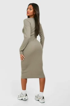 Midi Dresses*boohoo Square Neck Long Sleeve Midi Dress khaki