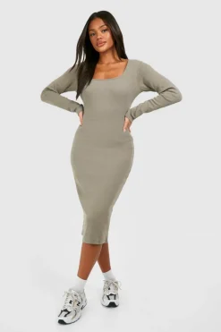 Midi Dresses*boohoo Square Neck Long Sleeve Midi Dress khaki