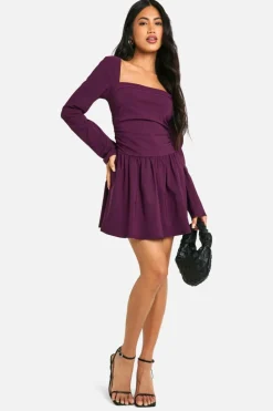 Skater Dresses|Mini Dresses*boohoo Square Neck Long Sleeve Skater Mini Dress plum