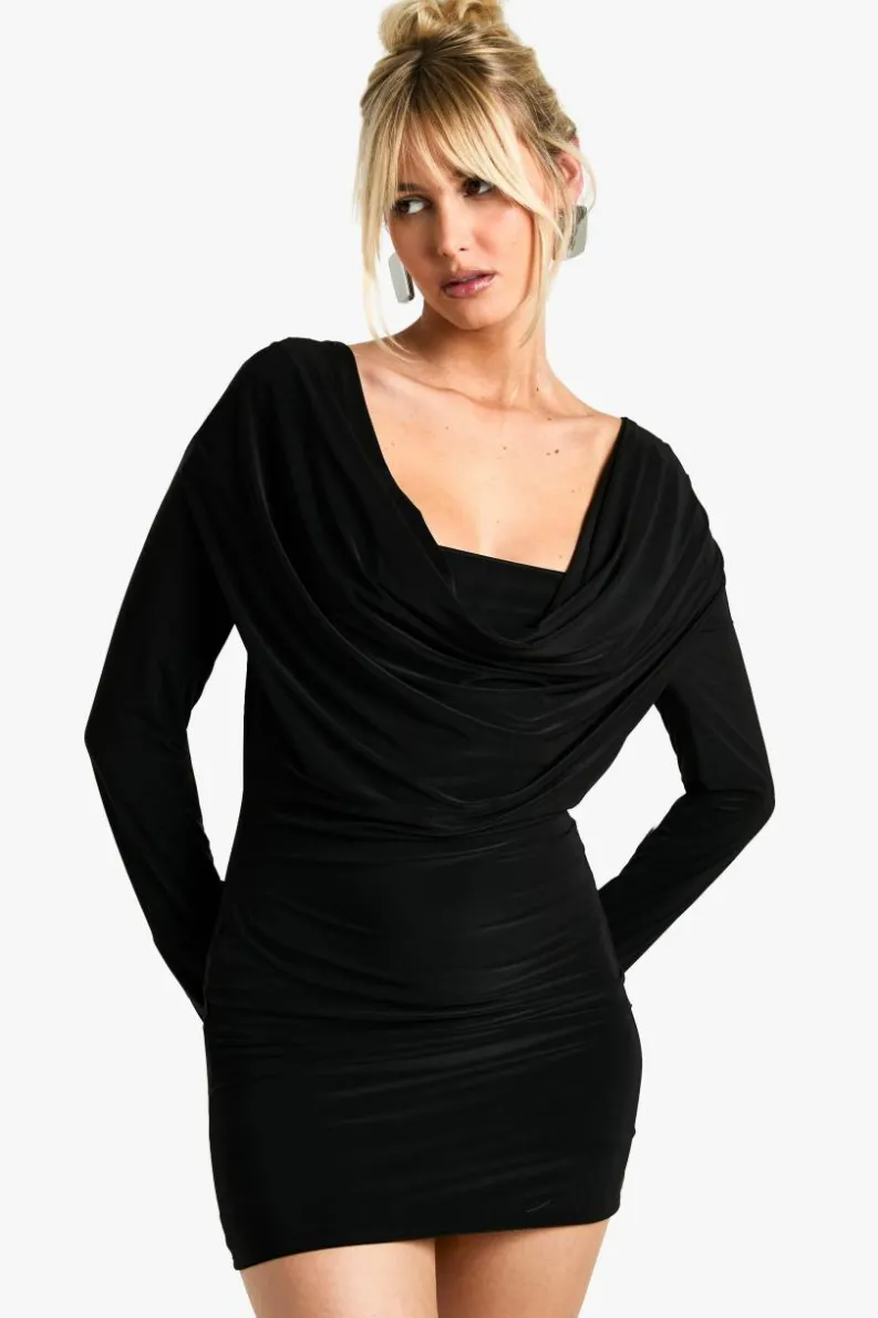 Bodycon Dresses*boohoo Square Neck Long Sleeve Slinky Bodycon Dress black