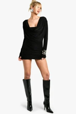 Bodycon Dresses*boohoo Square Neck Long Sleeve Slinky Bodycon Dress black