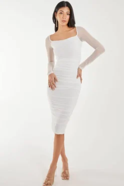 Midi Dresses*Pink Vanilla Square Neck Mesh Midi Dress Ivory