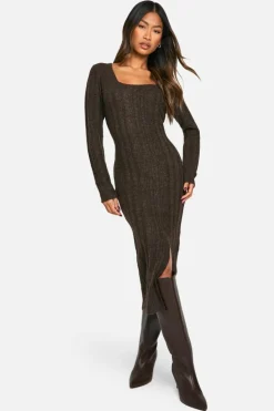 Jumper Dresses|Jumper Dresses*boohoo Square Neck Mixed Rib Knitted Midaxi Dress chocolate