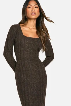 Jumper Dresses|Jumper Dresses*boohoo Square Neck Mixed Rib Knitted Midaxi Dress chocolate
