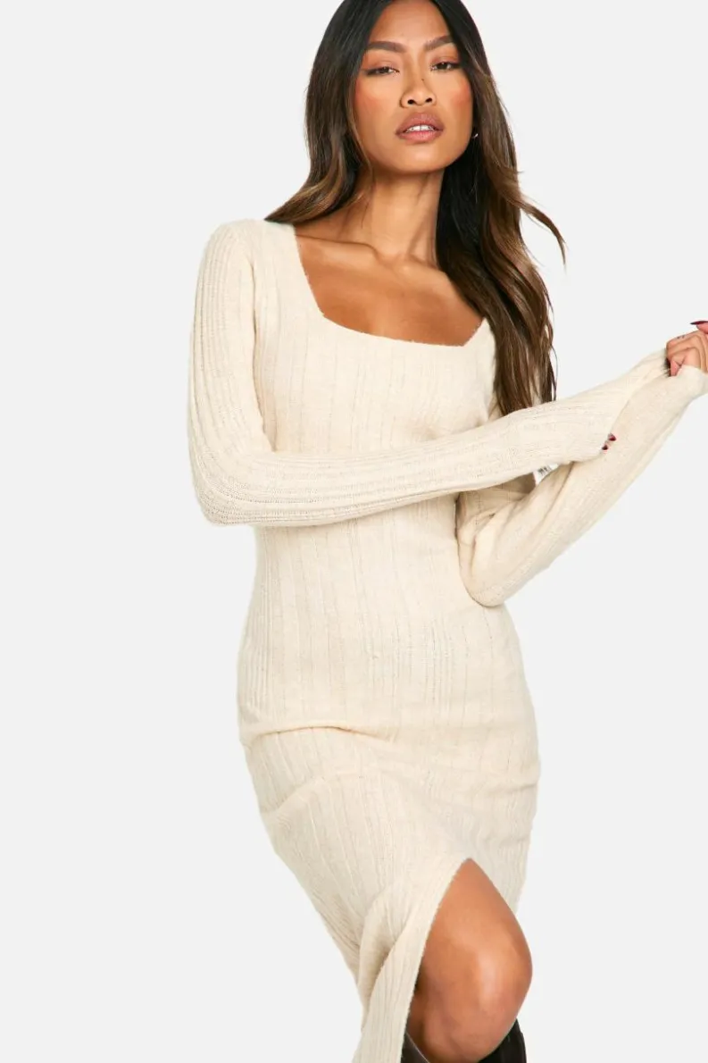 Jumper Dresses|Jumper Dresses*boohoo Square Neck Mixed Rib Knitted Midaxi Dress ecru