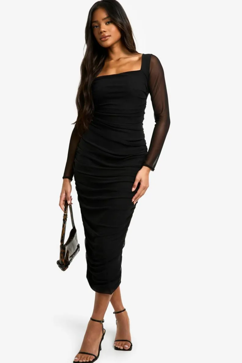 Bodycon Dresses|Dresses*boohoo Square Neck Ruched Mesh Midaxi Dress black