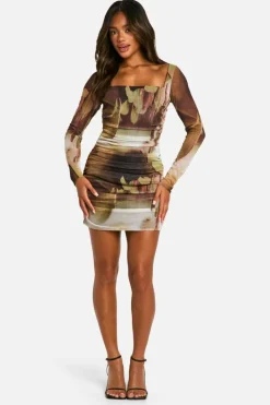 Bodycon Dresses|Mini Dresses*boohoo Square Neck Ruched Mesh Printed Bodycon Dress multi