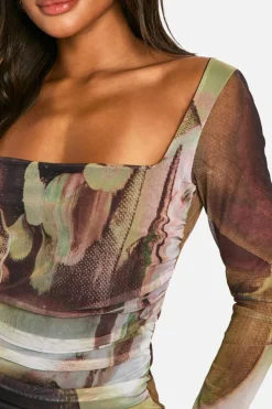 Bodycon Dresses|Mini Dresses*boohoo Square Neck Ruched Mesh Printed Bodycon Dress multi