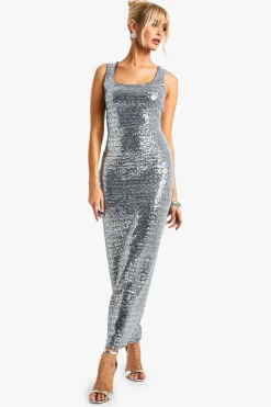 Bodycon Dresses*boohoo Square Neck Sequin Maxi Dress silver