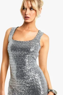 Bodycon Dresses*boohoo Square Neck Sequin Maxi Dress silver