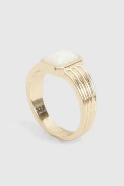 Rings*boohoo Square Opal Stone Ribbed Ring gold