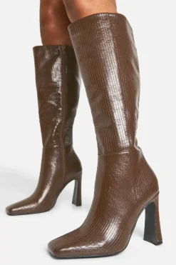 Over The Knee Boots|Knee High Boots*boohoo Square Toe Flared Heel Knee High Boots chocolate