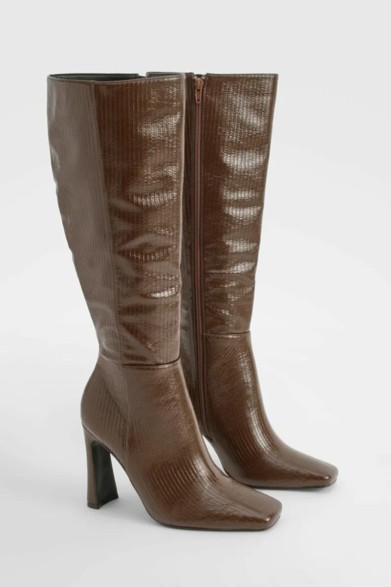 Over The Knee Boots|Knee High Boots*boohoo Square Toe Flared Heel Knee High Boots chocolate