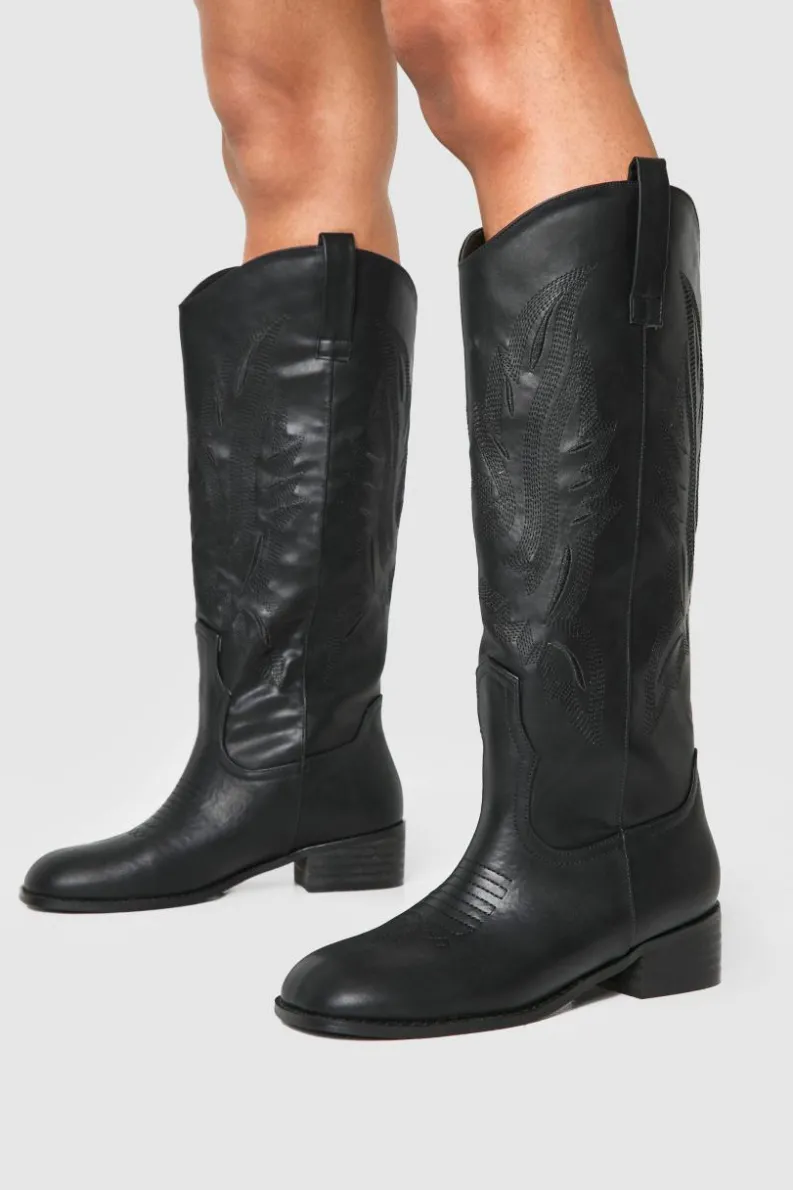 Knee High Boots|Cowboy Boots*boohoo Square Toe Low Heel Knee High Western Boots black