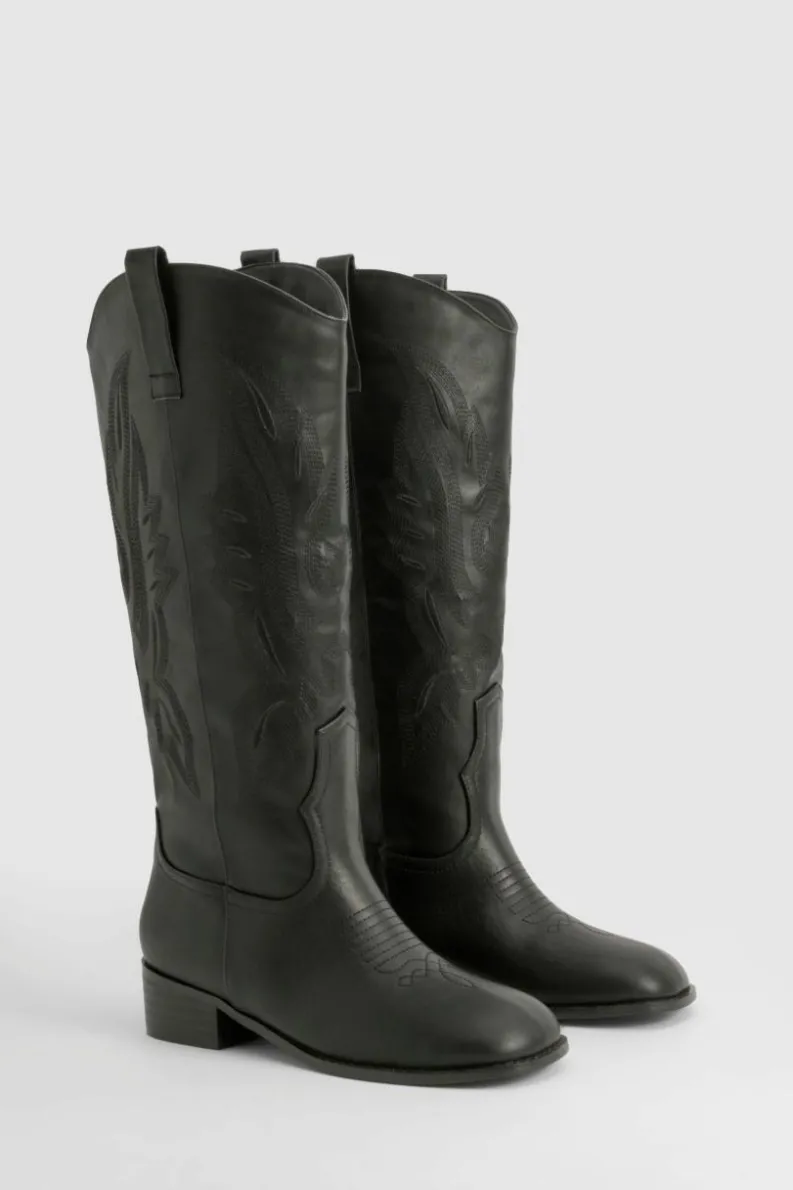 Knee High Boots|Cowboy Boots*boohoo Square Toe Low Heel Knee High Western Boots black