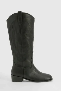 Knee High Boots|Cowboy Boots*boohoo Square Toe Low Heel Knee High Western Boots black