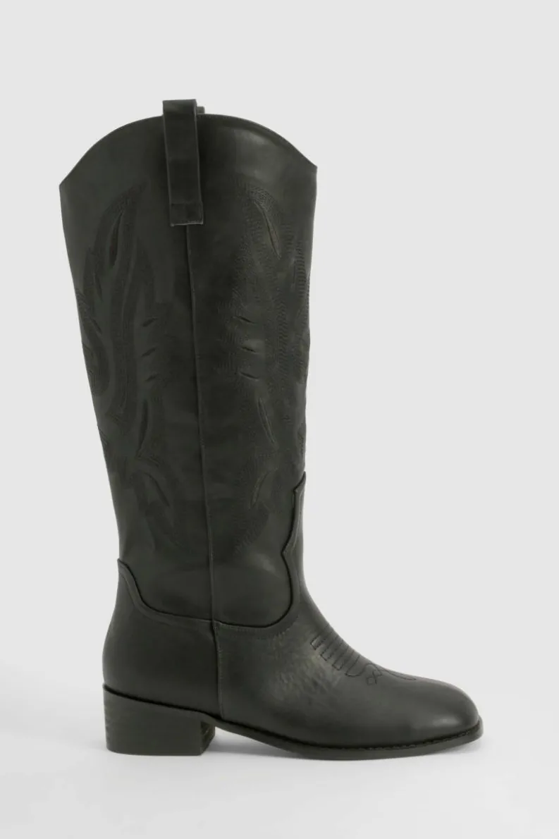 Knee High Boots|Cowboy Boots*boohoo Square Toe Low Heel Knee High Western Boots black