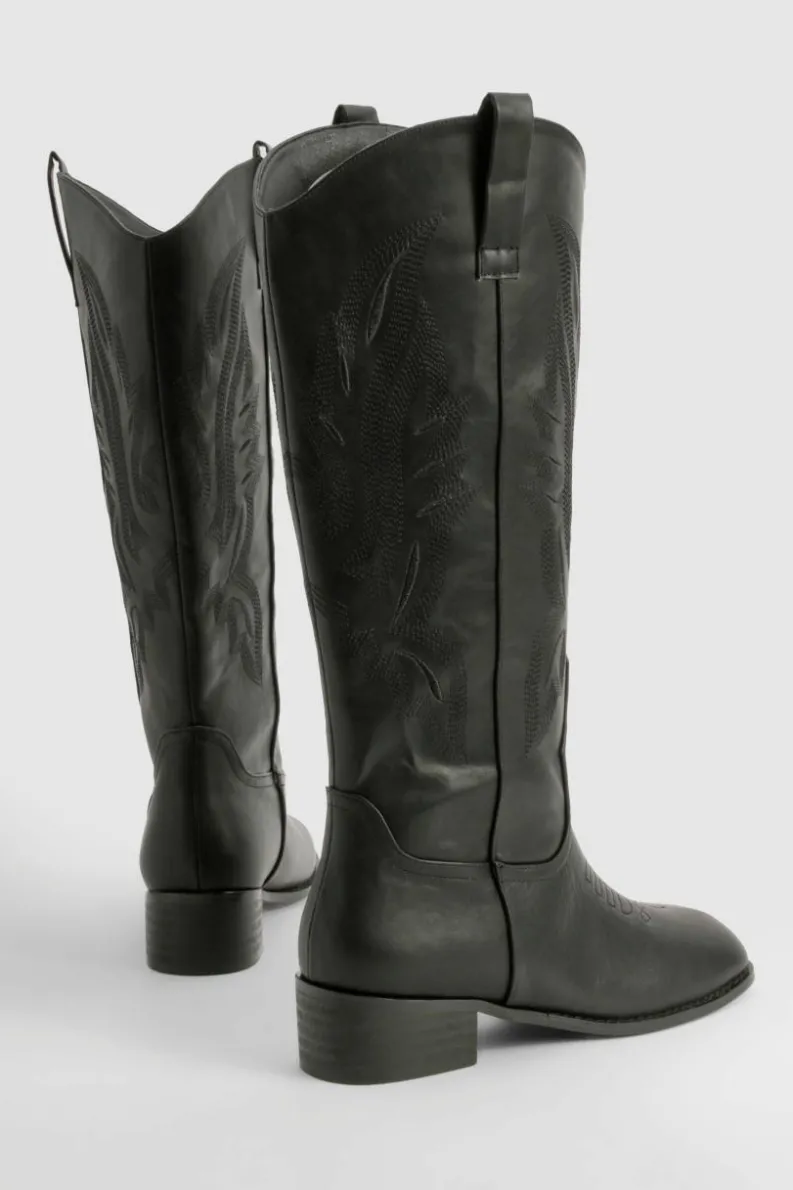 Knee High Boots|Cowboy Boots*boohoo Square Toe Low Heel Knee High Western Boots black