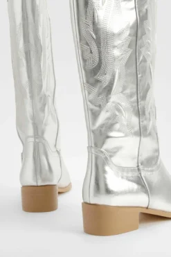 Knee High Boots|Cowboy Boots*boohoo Square Toe Low Heel Knee High Western Boots silver