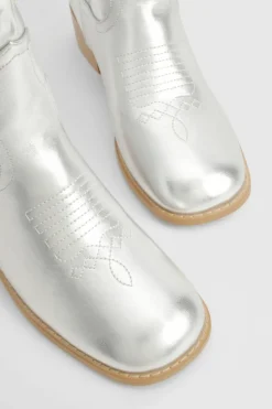 Knee High Boots|Cowboy Boots*boohoo Square Toe Low Heel Knee High Western Boots silver