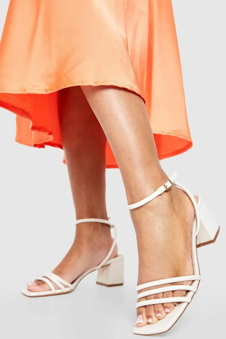 Heels*boohoo Square Toe Triple Strap Low Block Heel Sandals ecru