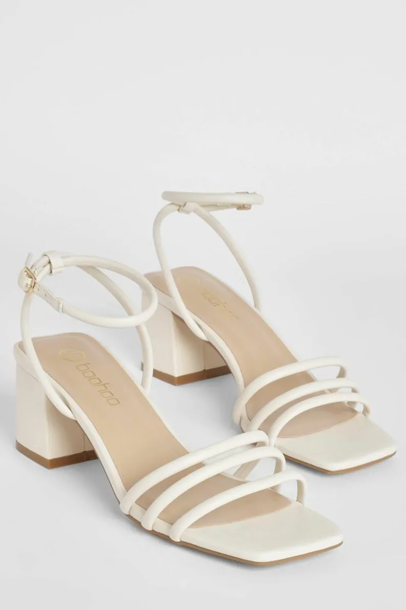 Heels*boohoo Square Toe Triple Strap Low Block Heel Sandals ecru
