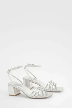 Heels*boohoo Square Toe Triple Strap Low Block Heel Sandals silver