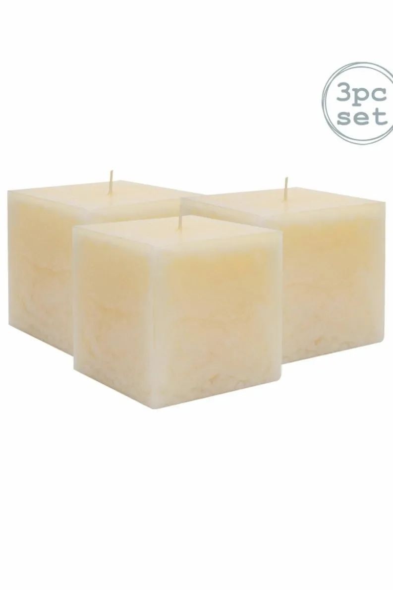 Candles & Diffusers|Candles*Nicola Spring Square Vanilla Pillar Candles - 120 Hours - Cream - Pack of 3 Beige