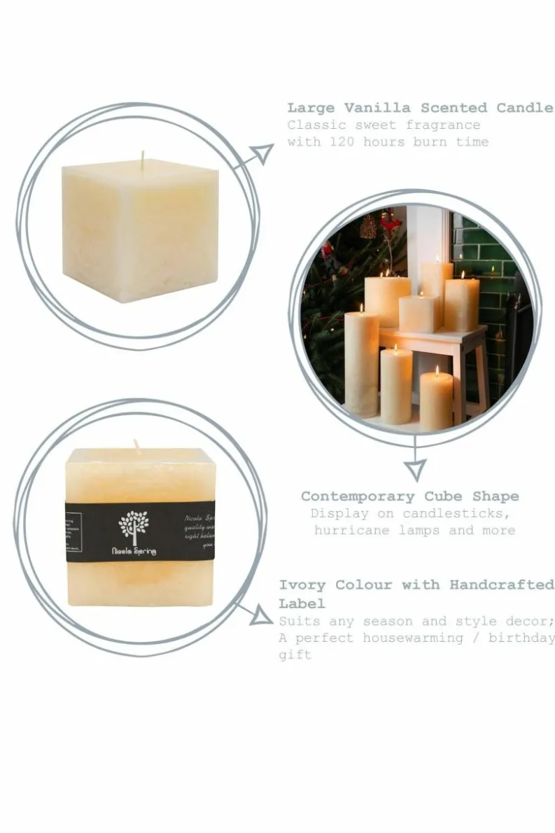 Candles & Diffusers|Candles*Nicola Spring Square Vanilla Pillar Candles - 120 Hours - Cream - Pack of 6 Beige